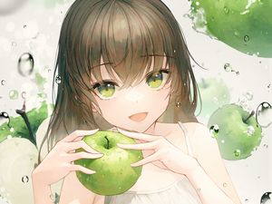 Preview wallpaper girl, smile, apples, water, drops, anime