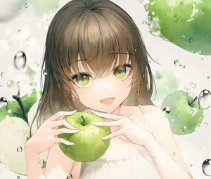 Preview wallpaper girl, smile, apples, water, drops, anime