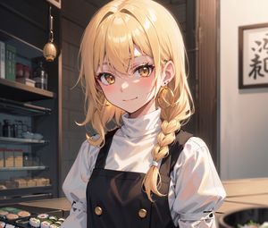 Preview wallpaper girl, smile, apron, cook, sushi