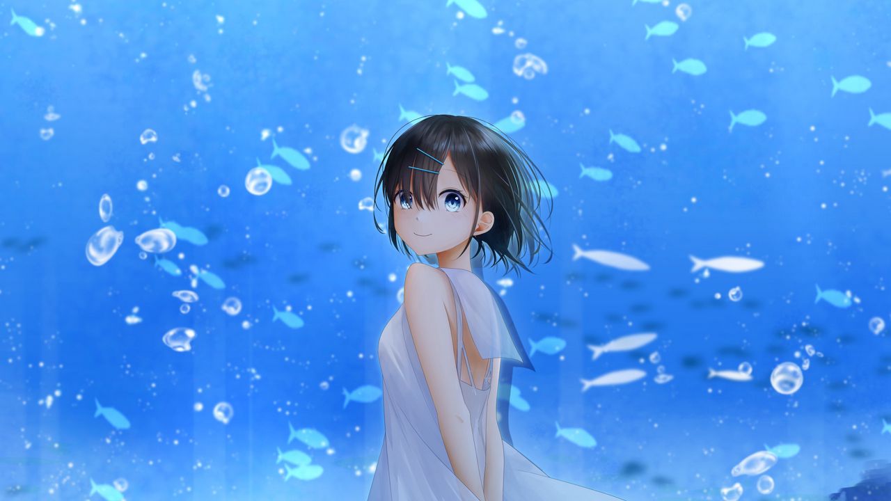 Wallpaper girl, smile, aquarium, fish, anime, art, blue