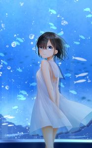 Preview wallpaper girl, smile, aquarium, fish, anime, art, blue