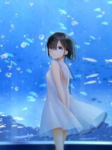 Preview wallpaper girl, smile, aquarium, fish, anime, art, blue