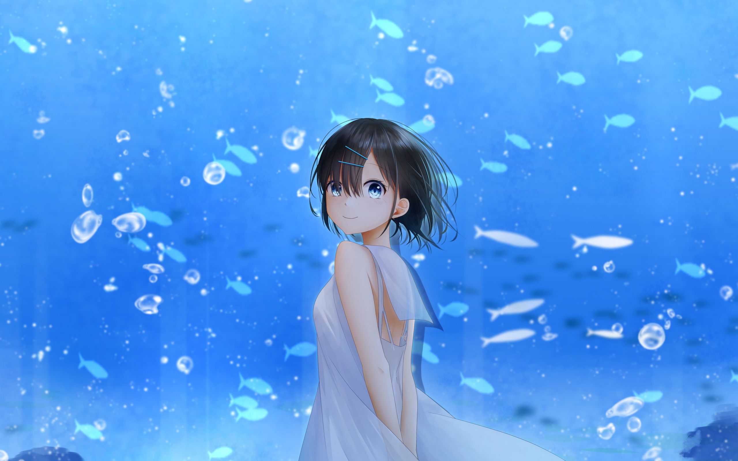 Download wallpaper 2560x1600 girl, smile, aquarium, fish, anime, art ...