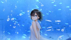 Preview wallpaper girl, smile, aquarium, fish, anime, art, blue