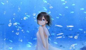 Preview wallpaper girl, smile, aquarium, fish, anime, art, blue