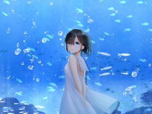 Preview wallpaper girl, smile, aquarium, fish, anime, art, blue