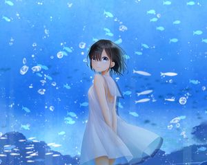 Preview wallpaper girl, smile, aquarium, fish, anime, art, blue