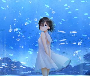 Preview wallpaper girl, smile, aquarium, fish, anime, art, blue