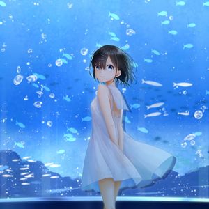 Preview wallpaper girl, smile, aquarium, fish, anime, art, blue
