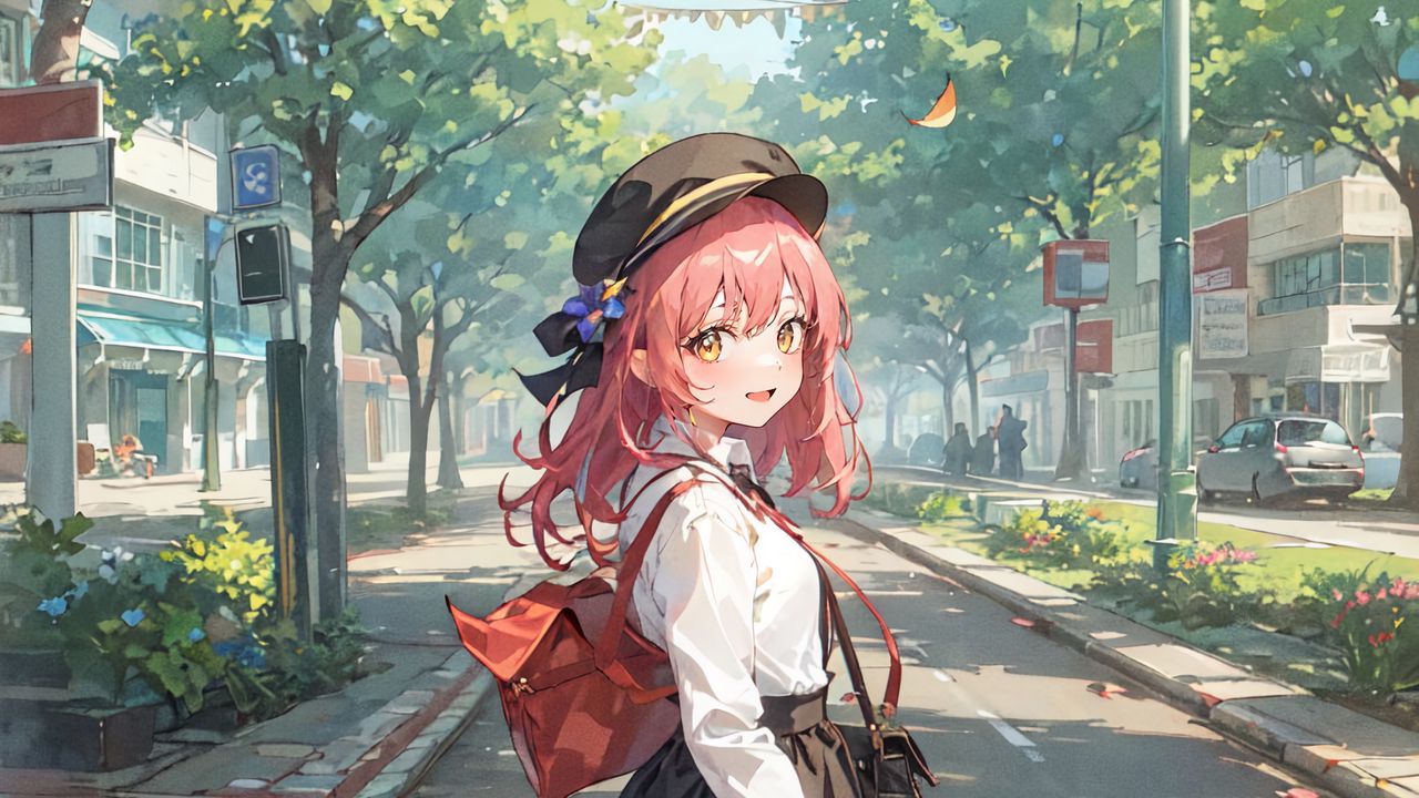 Wallpaper girl, smile, bag, park, anime, art