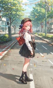 Preview wallpaper girl, smile, bag, park, anime, art