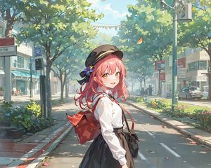 Preview wallpaper girl, smile, bag, park, anime, art