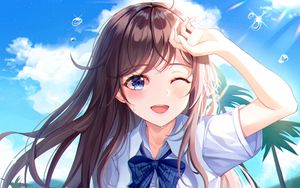 Preview wallpaper girl, smile, beach, summer, anime, art, cartoon