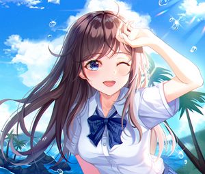 Preview wallpaper girl, smile, beach, summer, anime, art, cartoon