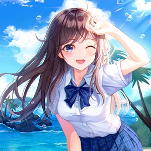 Preview wallpaper girl, smile, beach, summer, anime, art, cartoon