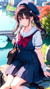 Preview wallpaper girl, smile, beret, bag, anime