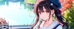 Preview wallpaper girl, smile, beret, bag, anime