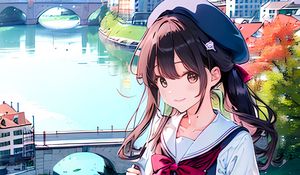 Preview wallpaper girl, smile, beret, bag, anime