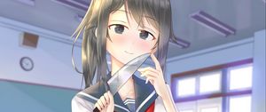 Preview wallpaper girl, smile, blush, knife, anime