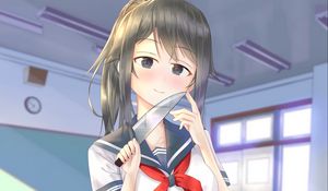 Preview wallpaper girl, smile, blush, knife, anime