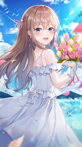 Preview wallpaper girl, smile, bouquet, flowers, anime, art, cartoon
