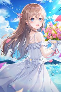 Preview wallpaper girl, smile, bouquet, flowers, anime, art, cartoon