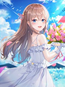 Preview wallpaper girl, smile, bouquet, flowers, anime, art, cartoon