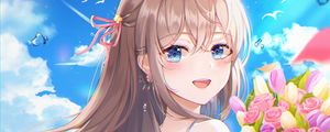 Preview wallpaper girl, smile, bouquet, flowers, anime, art, cartoon