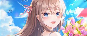 Preview wallpaper girl, smile, bouquet, flowers, anime, art, cartoon