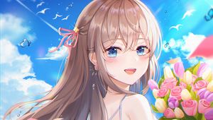 Preview wallpaper girl, smile, bouquet, flowers, anime, art, cartoon