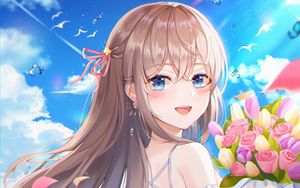 Preview wallpaper girl, smile, bouquet, flowers, anime, art, cartoon