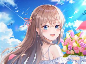 Preview wallpaper girl, smile, bouquet, flowers, anime, art, cartoon