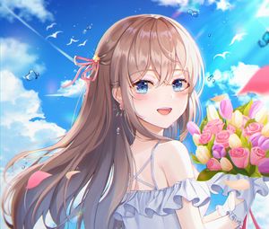 Preview wallpaper girl, smile, bouquet, flowers, anime, art, cartoon