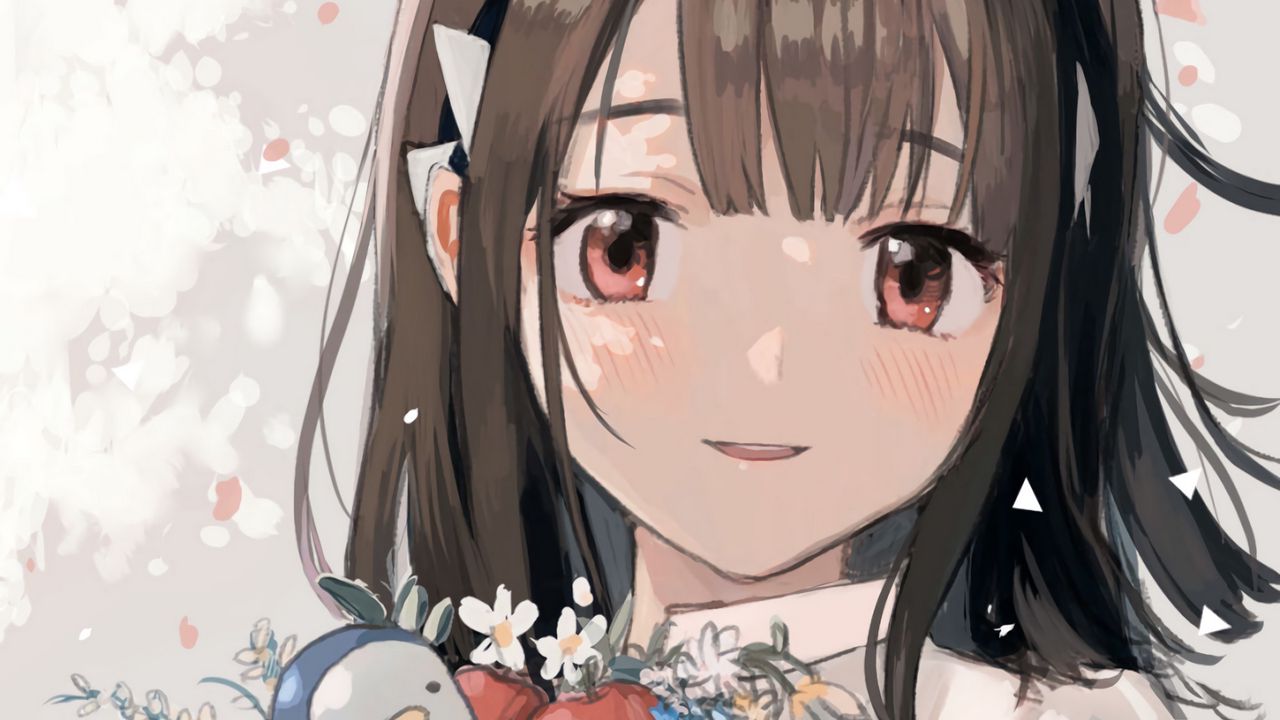 Wallpaper girl, smile, bouquet, anime, art