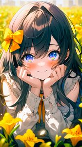 Preview wallpaper girl, smile, bow, flowers, field, yellow, anime