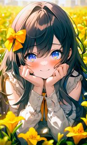 Preview wallpaper girl, smile, bow, flowers, field, yellow, anime