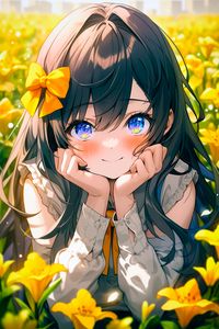 Preview wallpaper girl, smile, bow, flowers, field, yellow, anime