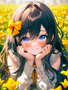 Preview wallpaper girl, smile, bow, flowers, field, yellow, anime
