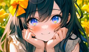 Preview wallpaper girl, smile, bow, flowers, field, yellow, anime