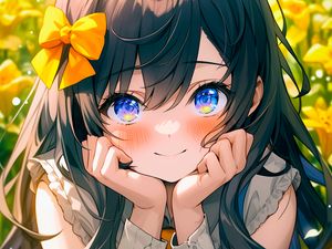 Preview wallpaper girl, smile, bow, flowers, field, yellow, anime