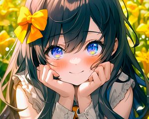 Preview wallpaper girl, smile, bow, flowers, field, yellow, anime