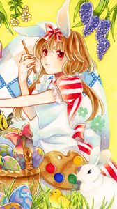 Preview wallpaper girl, smile, bow, brush, flowers, anime