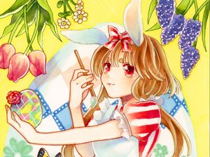 Preview wallpaper girl, smile, bow, brush, flowers, anime