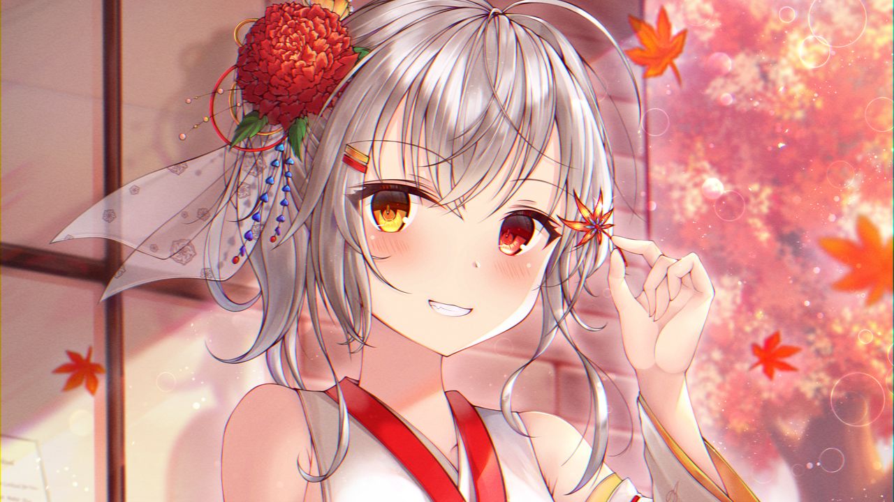 Wallpaper girl, smile, bride, leaves, anime