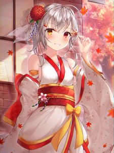 Preview wallpaper girl, smile, bride, leaves, anime