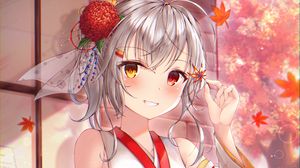 Preview wallpaper girl, smile, bride, leaves, anime