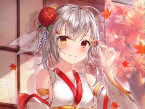 Preview wallpaper girl, smile, bride, leaves, anime