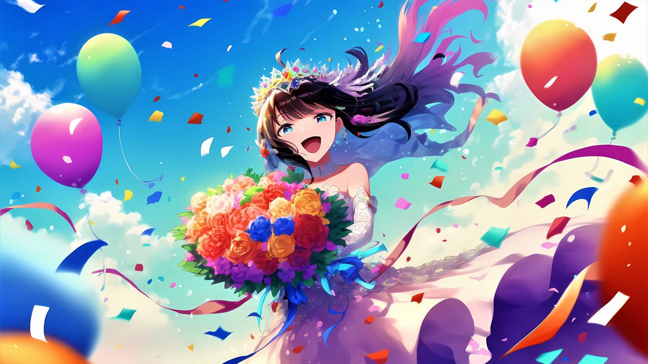 Wallpaper girl, smile, bride, bouquet, anime