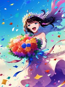 Preview wallpaper girl, smile, bride, bouquet, anime