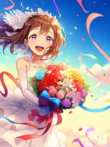 Preview wallpaper girl, smile, bride, anime, flowers